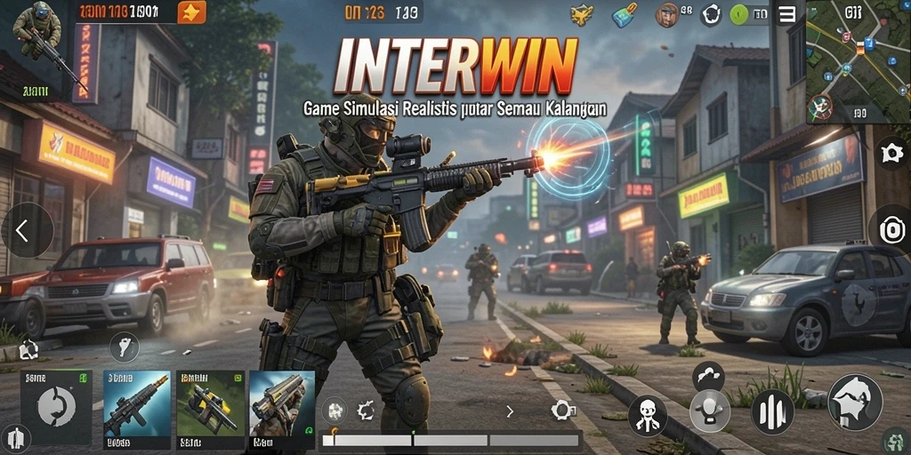 Screenshot utama INTERWIN menunjukkan simulasi gameplay yang mendebarkan dan interaksi karakter.