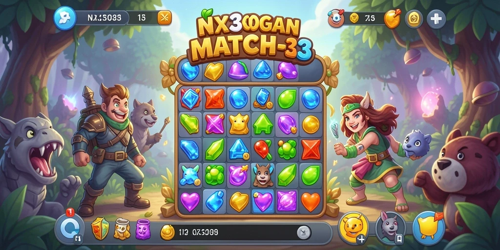 Screenshot menampilkan gameplay match-3 yang seru dan penuh warna.